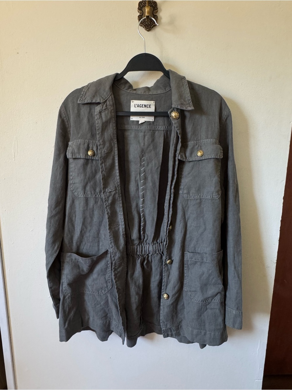 L'AGENCE Linen Olive Utility Jacket with Gold Buttons